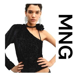 MNG Black Velvet Flower One-Shoulder Top, Size 8.